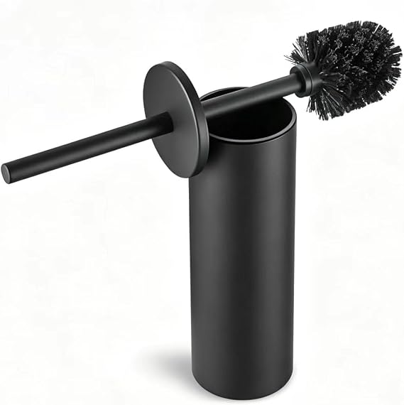 Stainless Steel Toilet Brush with Holder Set with Extra Long Handle Durable Bristles Toilet Bowl Brush and Covered Holder for Bathroom Storage (Black - Standing)