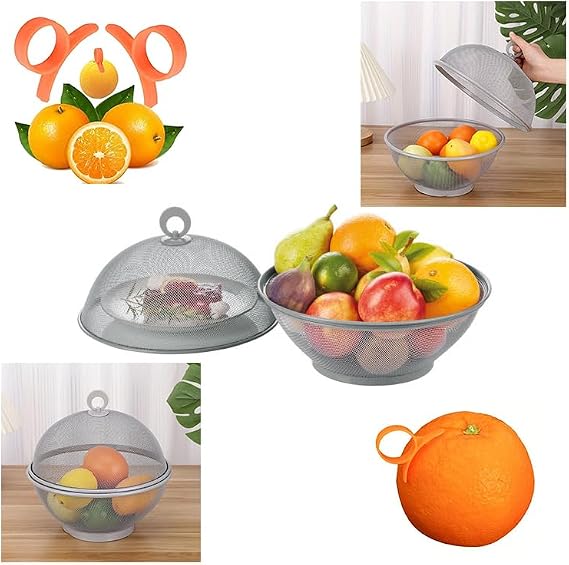 Grey Mesh Fruit Basket & Ring Peeler - 10.6" Mesh Fruit Basket Bread Basket Keep Unwanted Animals Outside,Decorative Woven Table Piece