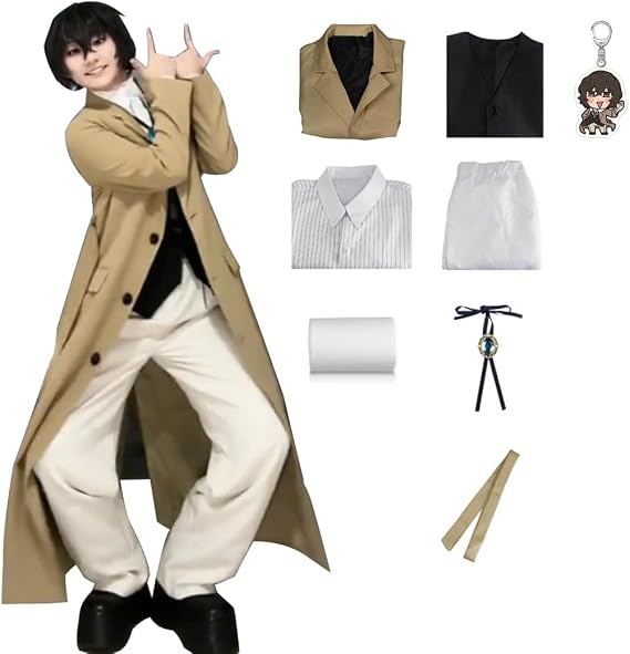 Anime Costume Dazai Cosplay Dazai Costume Brown Coat Uniform Full Halloween Costume and Wig