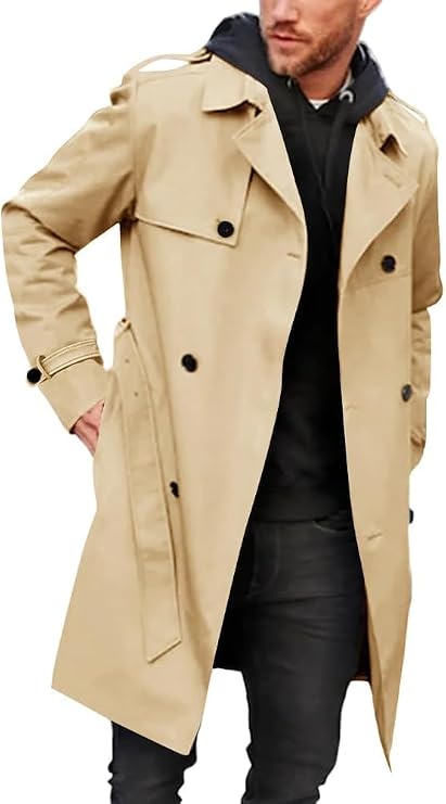Men's Trench Coat Slim fit Double Breasted Belted Windbreaker Lapel Long Jacket Casual Windproof Overcoat
