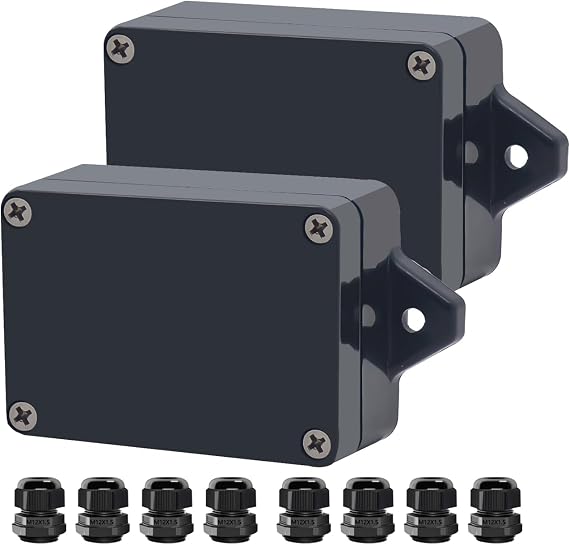 Project Box ABS Black Electrical Boxes IP65 Outdoor Waterproof Box Electronic Junction Box Fixed Ear Power Enclosure with Cable Glands for DIY Project 3.3 x 2.3 x 1.3 Inch (83 x 58 x 33 mm)