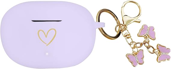 Compatible with Beats Studio Buds 2021, Soft Silicone Case with Gold Heart Pattern for Beats Studio Buds Case with Cute Butterfly Keychain for Girls Women (Lavender Purple)