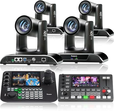Tenveo PTZ Camera Bundle/Kits - 30X AI Auto Tracking NDI PTZ Camera(4pcs) with SDI/HDMI/USB3.0/LAN(PoE), NDI PTZ Joystick Controller and 4K HDMI +SDI Video Switcher Mixer for Podcast Studio Streaming