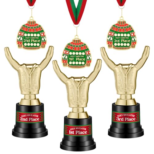 Seematn 6 Pcs Christmas Ugly Sweater Award Medals and Trophies Set Include 3 Ugly Sweater Award Medals and 3 Gold Plastic Trophies with 3 Sticker for Parties Holidays Christmas Ornament