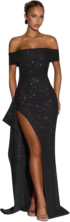 Off Shoulder Prom Dresses Black with High Slit 2026 Mermaid Sparkly Ruffle Pleated Long Formal Dress Cocktail Gown Size 12