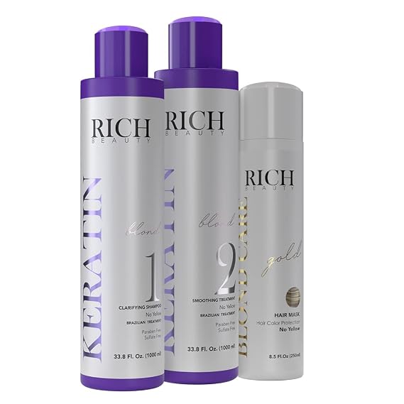 BRAZILIAN KERATIN HAIR TREATMENT Step 1+ Step 2 + Purple Mask Gold Treatment Professional Brazilian Complex Blowout Straightening For Silky Smooth & Frizz Free Hair