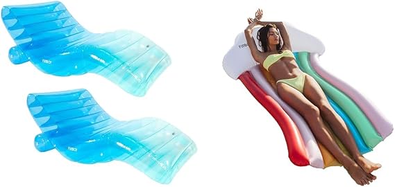 FUNBOY Giant Inflatable 2-Pack Blue Chaise Lounger and Rainbow Lounger Float Luxury Pool Rafts