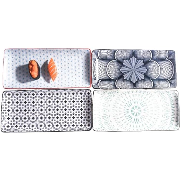 Japanese Sushi Plate Set of 4 Long Rectangle Appetizer Plates Serving Trays for Desserts Dumplings Sushi and Chicken Wings Microwave and Dishwasher Safe