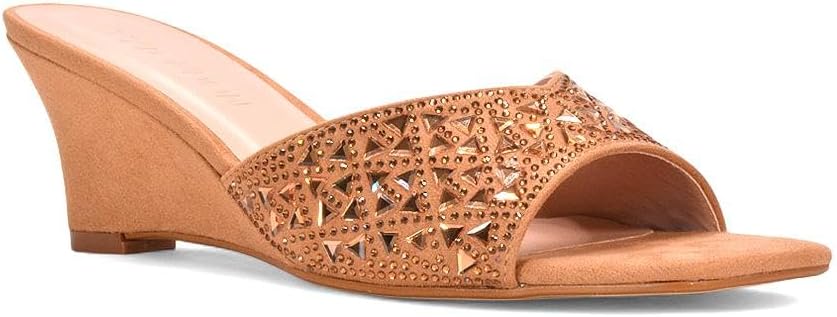 ESSEX GLAM Women's Wedge Heel Sandals Ladies Jewel Diamante Square Peep Toe Party Heeled Mule Shoes Size 3-8