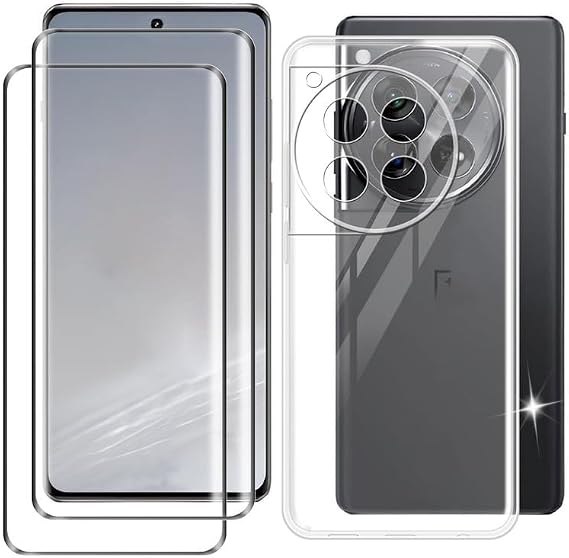 [2 Sets] Case for OnePlus 12 (6.82 Inch) Mobile Phone Case Silicone Cases Soft Phone Case TPU Cover Protector Cases Transparent Bumper + Screen Protector Tempered Film