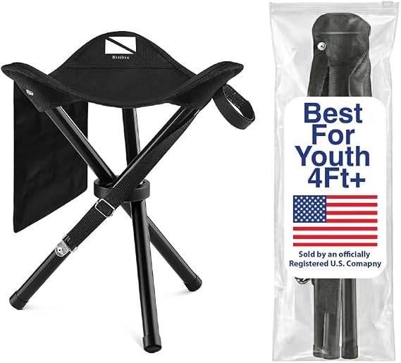 Foldable Tripod 13.4'' Stool - 4 FT+, U.S. Seller, Ultra Portable Seat, Best for Youth+Pocket - 1 lb Camping Stool, 3 Legged Strong Steel Stool, Height: 13.4 inches (Black)