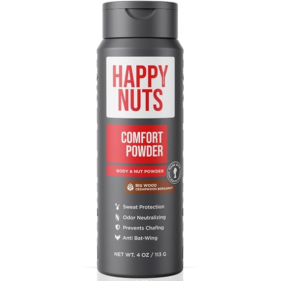 HAPPY NUTS Comfort Powder - Anti Chafing & Deodorant, Aluminum-Free, Sweat and Odor Control for Jock Itch, Groin and Men's Private 4 Oz (4 Ounce (Pack of 1), Big Wood)
