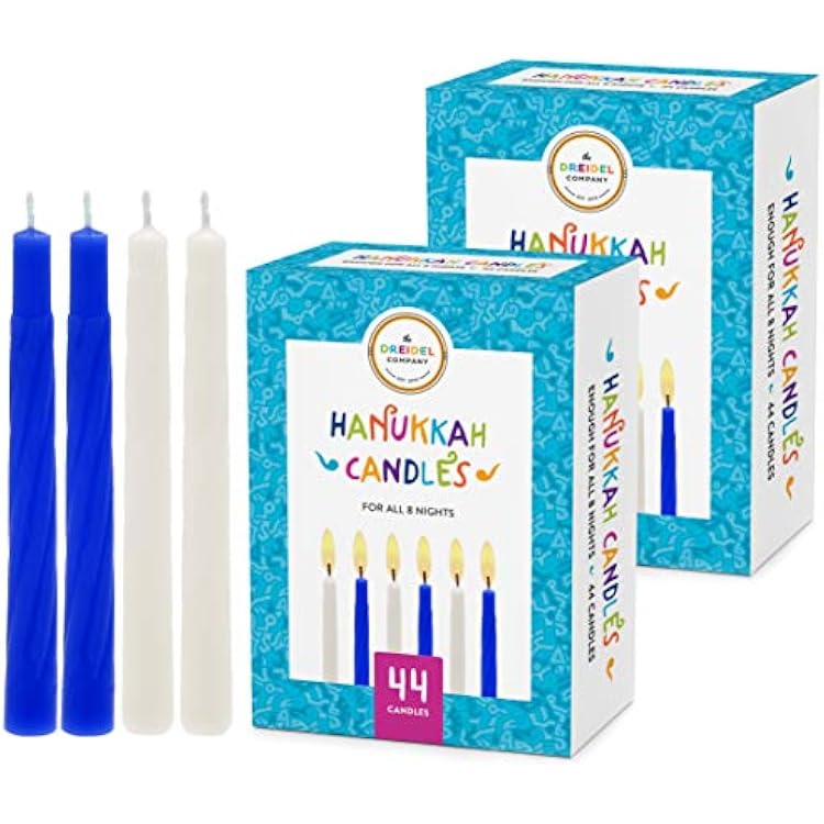 The Dreidel Company Menorah Chanukah Candles 2-Pack 44 Hanukkah Blue and White Candles for All 8 Nights of Chanukah