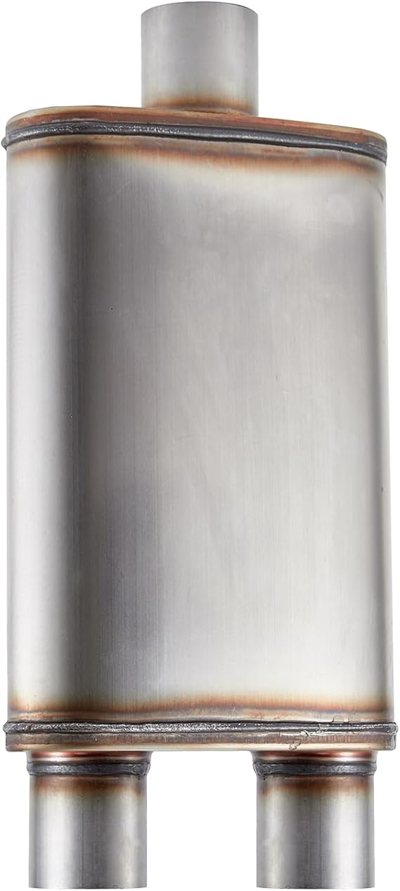 Universal 409 Stainless Performance Exhaust Muffler, single in dual out muffle (3 in inlet 2.5 in dual outlet)