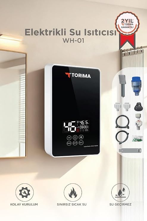 Şofben Elektrikli Su Isıtıcı 7000W Banyo Mutfak Tipi Duvara Monte Su Isıtıcısı WH01 Siyah