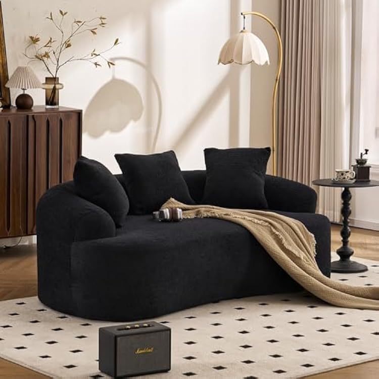 TTK 65 Modern Loveseat Sofa for Small Spaces, Chenille Upholstered Plush Comfort Couch, Apartment Furniture with 3 Pillows & No Assembly Required, Space-Saving Living Room Sofa Black, 65