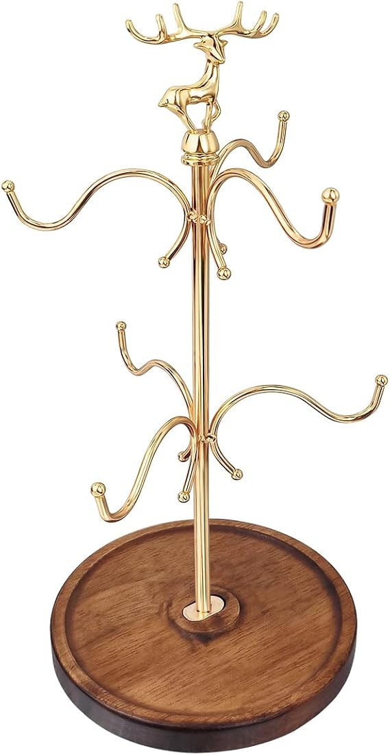ZWANG Mug Holder, 15 Inch Wooden Base Countertop Mug Tree, Coffee Mugs & Tea Cup Storage Rack, Coffee Counter Bar Accessory & Kitchen Organizer (Gold,Reindeer Style)