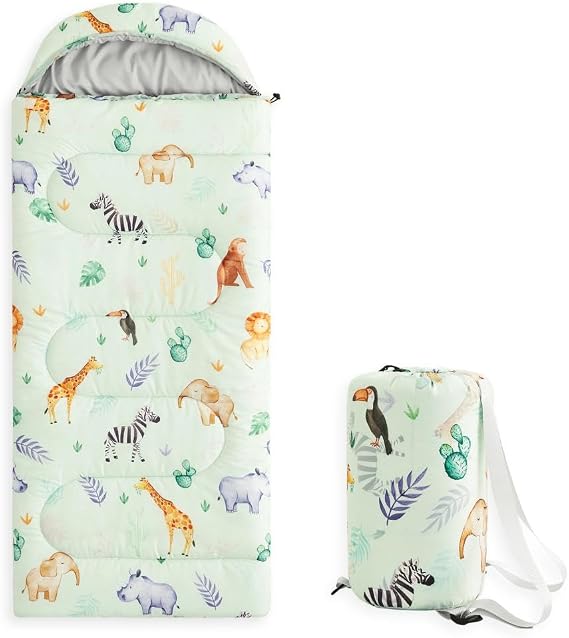 Wake In Cloud - Kids Sleeping Bag for Boys Toddlers, Camping in Warm Cold Weather, Backpacking Lightweight Compact Outdoor Liner for 3 Seasons Summer Spring Fall, Animal Zoo Green