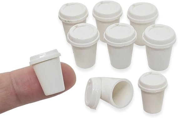 ChangThai Design Very Tiny 34 Inch High White Plastic Takeaway Coffee Cups 10 Pieces Set - Miniature Tableware Cup Mug Tray Bowl Crockery Cutlery Kitchenware Handmade Mini Decorative Collectible Gifts