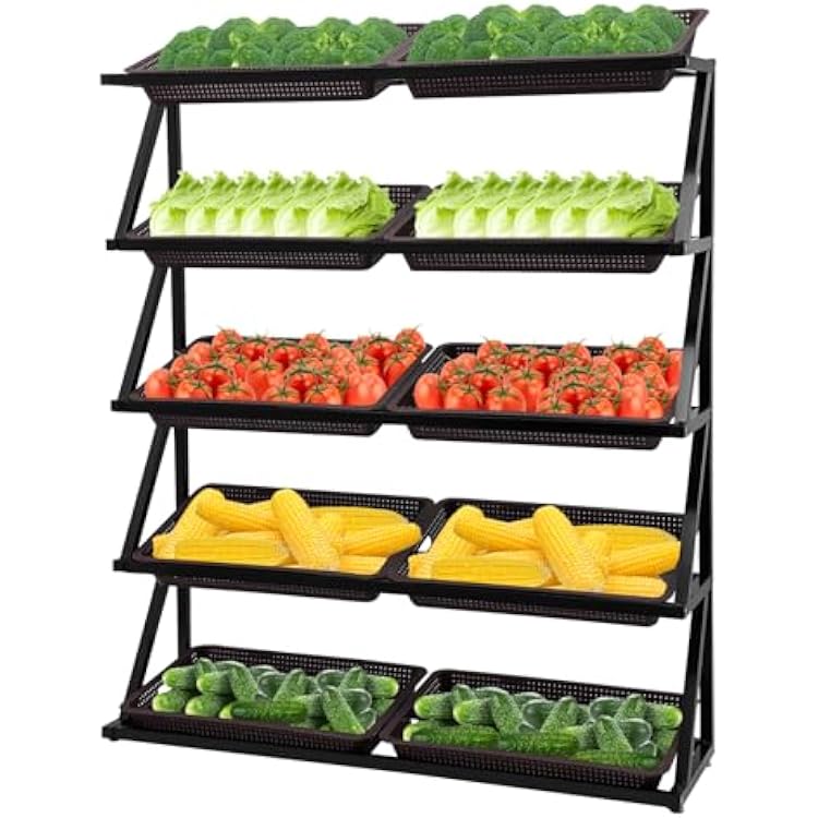 5 Tier Retail Display Rack, Fruit and Vegetable Basket Stand Rack with Baskets Snack Shelf Retail Market Display Rack for Store, Home, Kitchen, Supremarket. Coffee Basket