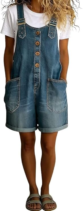 chouyatou Women's Y2K Denim Shortalls Button Front Wide Leg Loose Bib Jean Overalls Shorts Romper Jumpsuits