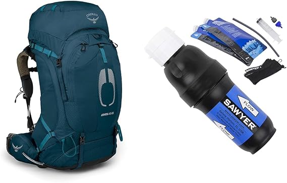 Osprey Atmos AG 65L Men's Backpack and Sawyer Squeeze Water Filter with 32-Oz Pouches and Accessories