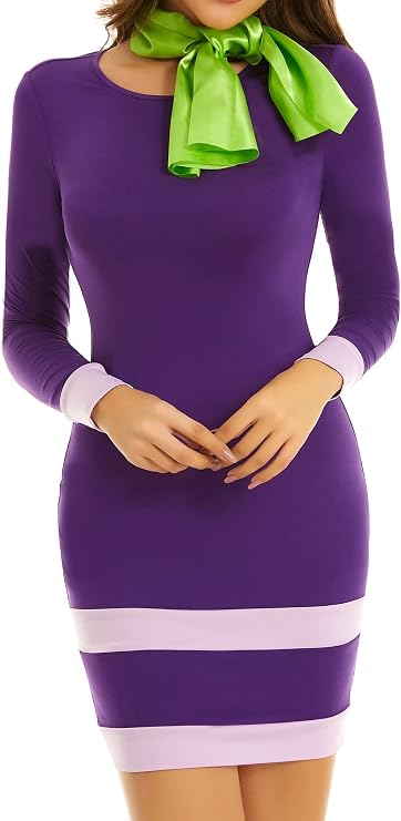 MSBASIC Halloween Costume Women Adult Purple Mini Dress Classic Cosplay Outfits With Scarf