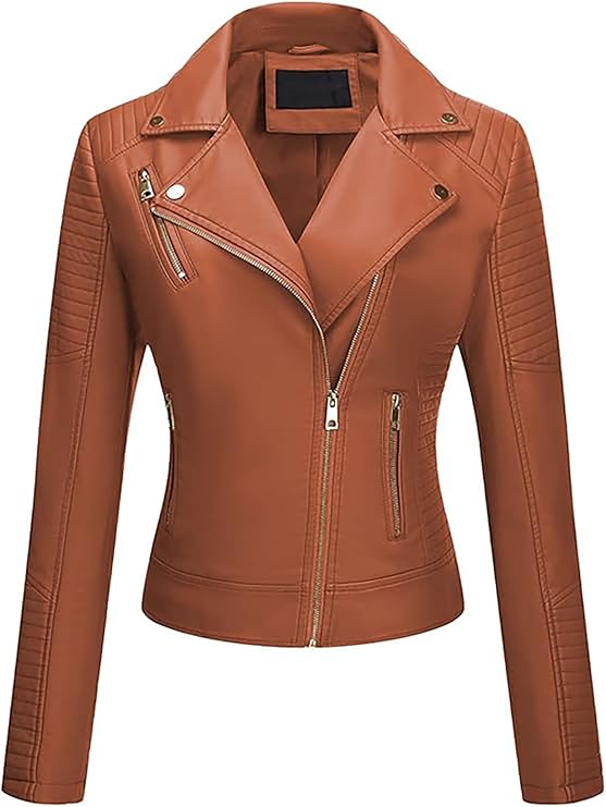 Women's Faux Leather Motorcycle Cropped Coat Lapel Collar Jacket