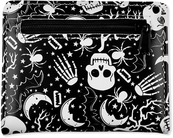 Gothic Skull Print Purse - Compact Bifold Wallet for Women with Zipper Closure, Alternative Fashion Small Billfold, Black PU Travel Pocket Wallet