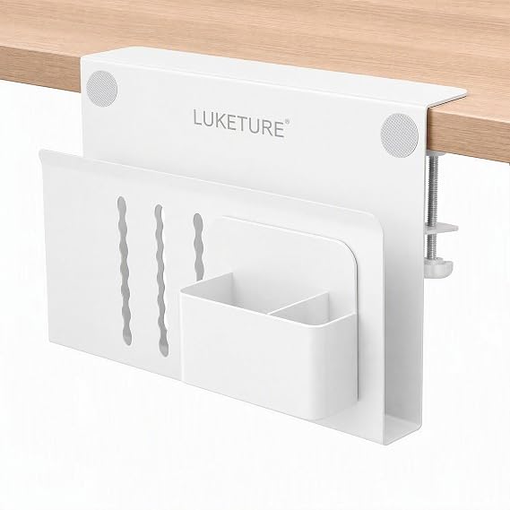 LUKETURE Desk Side Storage, No Drill Laptop Mount with Pen Holder, Clamp-On