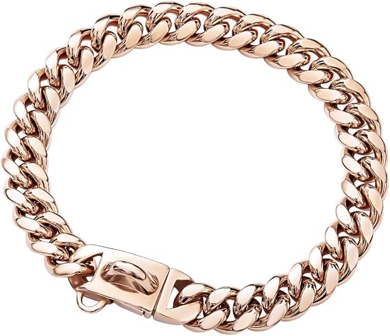 Heavy Metal 15mm Duty Strong Stainless Steel Rose Gold Dog Collar Cuban Link Dog Collar Bulldog Jewelry Necklace for Small Medium Dogs with Secure Snap Buckle (16 inch)