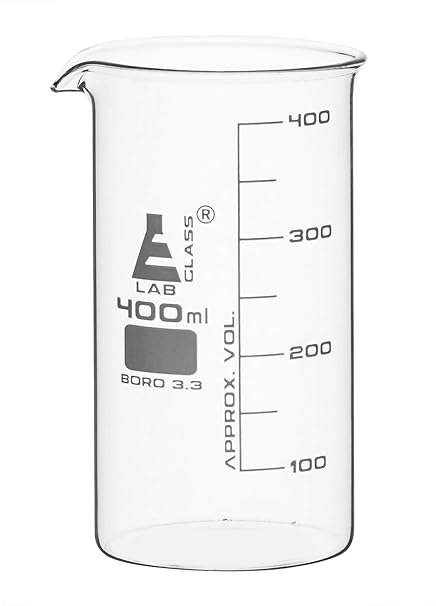 EISCO Beaker, 400ml - Tall Form with Spout - White, 50ml Graduations - Borosilicate 3.3 Glass