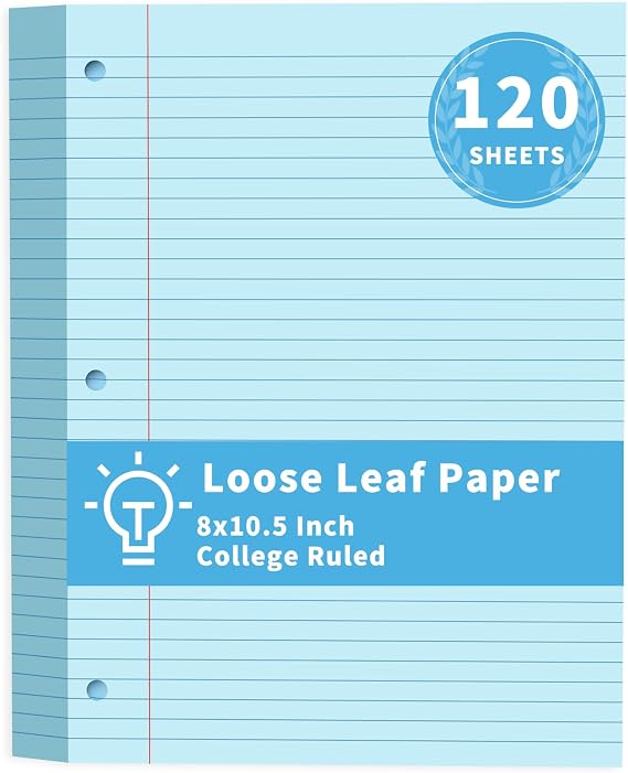 Blue Loose Leaf Paper 120 Sheets Filler Pape 8" x 10.5" College Ruled Paper
