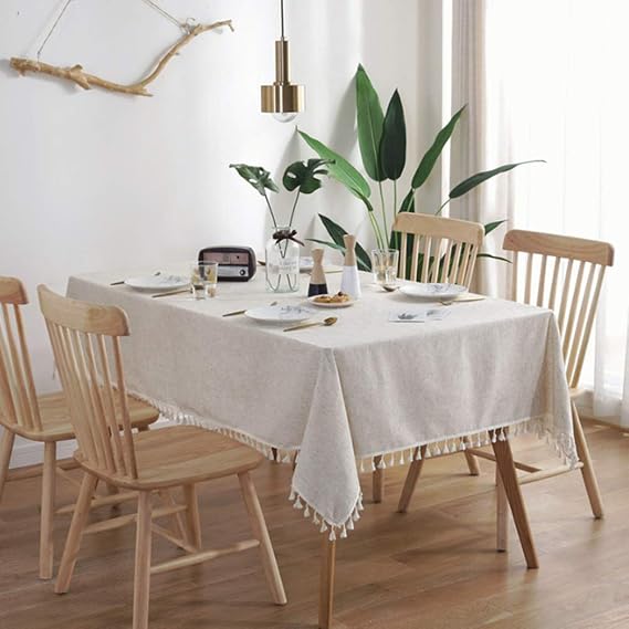 meioro Solid Colour Tassel Tablecloth Rectangular Cotton Linen Tablecloth Suitable for Home Kitchen Decoration Various Sizes