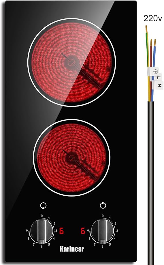Karinear 2 Burner Electric Cooktop 12 Inch Built-in Electric Stove Top, 220v- 240v Radiant Cooktop with Residual Heat Indicator, Knob Control, Over-Temperature Protection, Hard Wire(No Plug)
