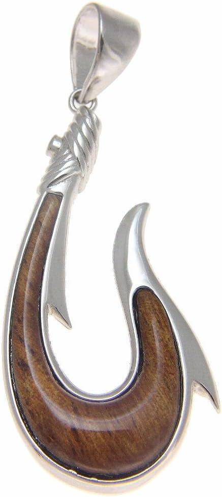 Arthur's Jewelry Genuine inlay Hawaiian koa wood fish hook pendant thick heavy sterling silver 925