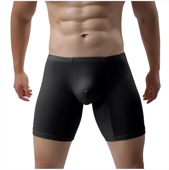 Ctreela Pouch-Enhancing Boxer Briefs for Men Athletic Anti-Chafe Long Leg Boxers Sexy Solid Color Ball Pouch Underwear