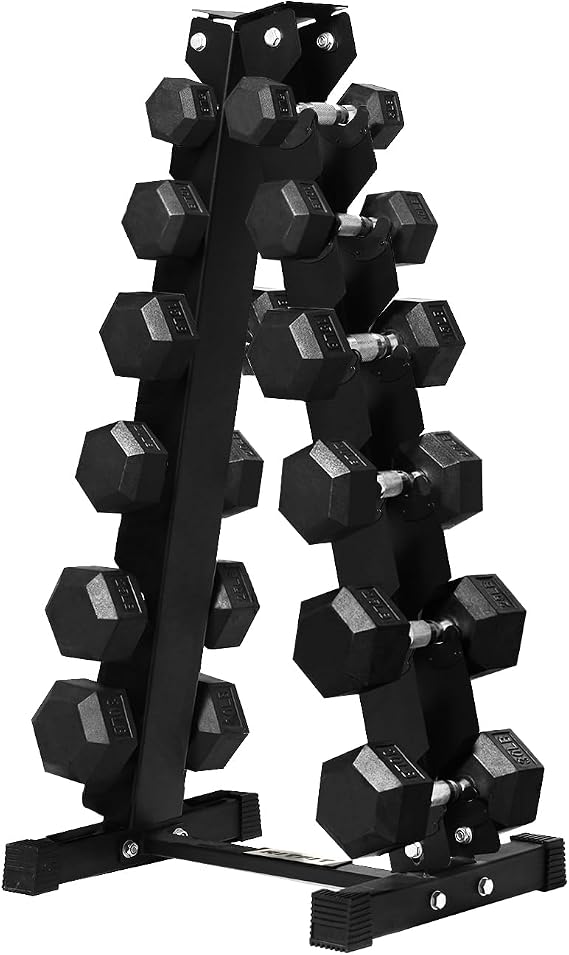RitFit Rubber Hex Dumbbell Set with Storage Weight Rack