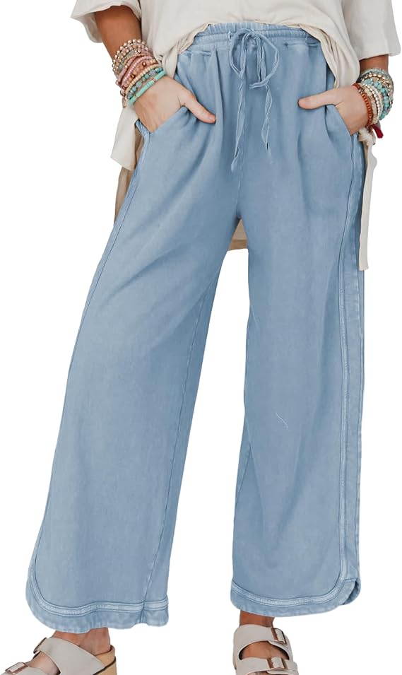 Hixiaohe Women's Casual Wide Leg Sweatpants High Waist Baggy Acid Wash Pants Drawstring Athletic Palazzo Pants with Pockets