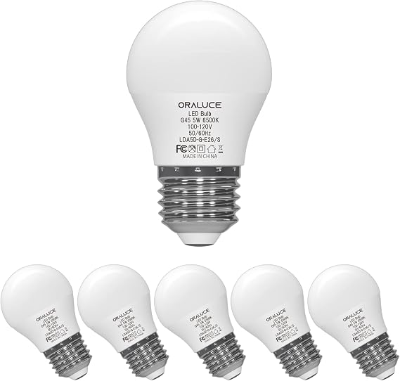 ORALUCE A15 LED Bulb 5 Watts Cool White 6500K,40W Equivalent Table Lamp Bulb, E26 Standard Screw Base G45 Shape Small Light Bulbs for House Lighting,450 Lumen,Non-Dimmable,6 Pack