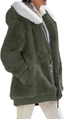 Womens Winter Coats Fuzzy Fleece Jacket Hooded Color Block Patchwork Cardigan Coat Warm Outerwear With Pocket