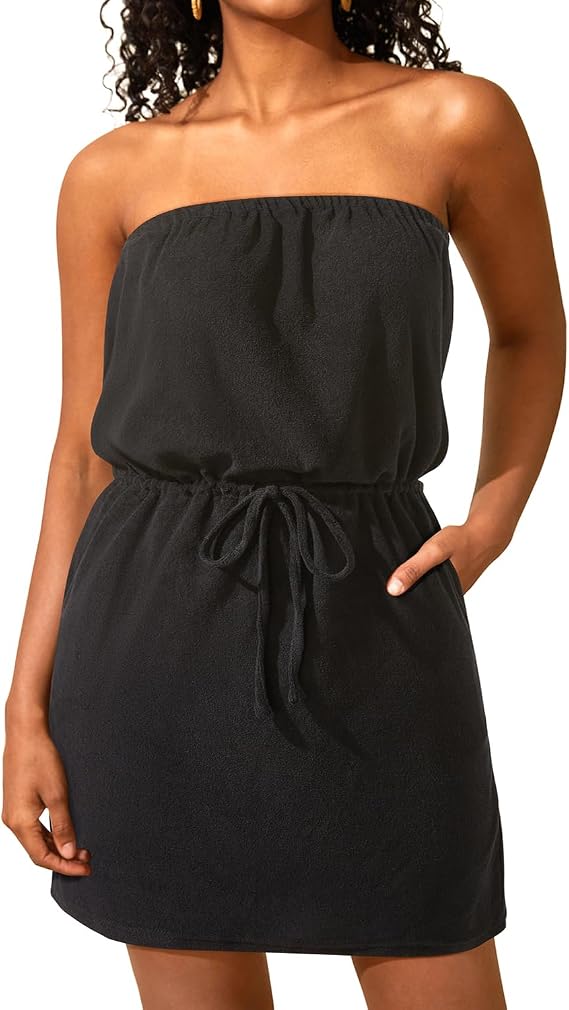 Pinup Fashion Terry Swimsuit Cover Up Strapless Beach Swimwear Dress