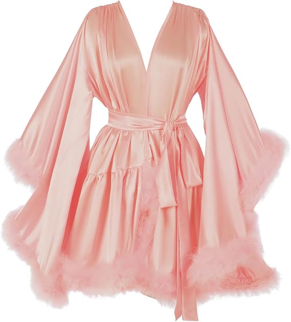 Women's Feather Fur Robe Silk Satin Bridal Dressing Gown Sexy Illusion maternity lingerie for photoshoot