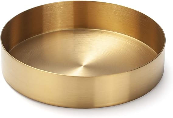 Gold Round Tray Metal Decorative Storage Organizer Tray for Jewelry, Makeup, Toiletries, Kitchen Tableware (14cm)