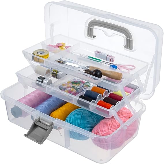 MyGift 13 Inch Transparent Plastic Empty Multipurpose Storage Box with Gray Handle, Latching Lid and 2 Expandable Trays for Tools, First Aid, Sewing Kit, Arts Crafts Supplies