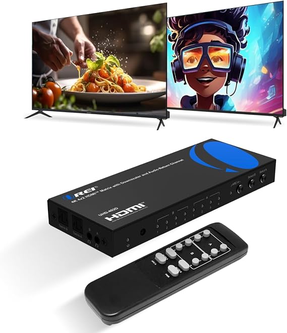 OREI 4K HDMI Matrix Switch 4 x 2, Switcher with 18G UltraHD Arc Max 4K @ 60Hz & 1080P IR Remote Control - Full Matrix Selection
