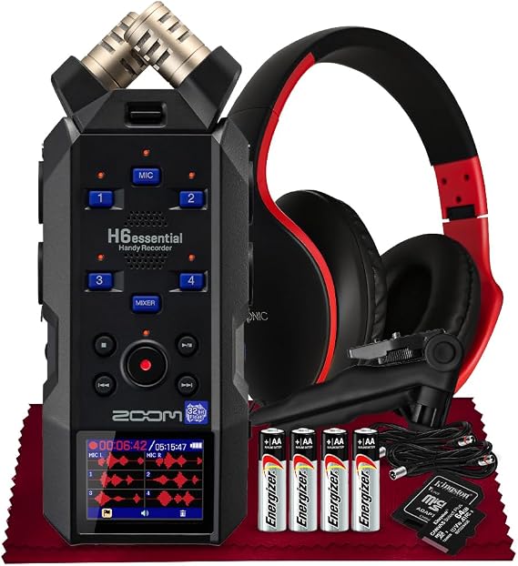 Zoom H6essential Portable Studio Recorder, H6E 32-Bit Float, 6-Track Recorder, 4XLR/TRS with 64GB SD, Tripod, Headphone w/Mic, Batteries & More for Musicians Podcaster Filmmaker