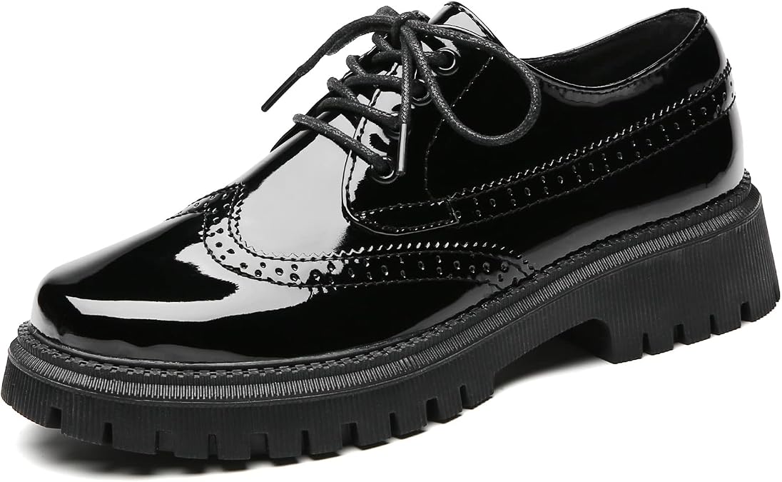 Womens Vintage Oxford Shoes Platform Lace-up Round Toe Patent Leather Brogues Casual Oxfords for Girls Ladies Women