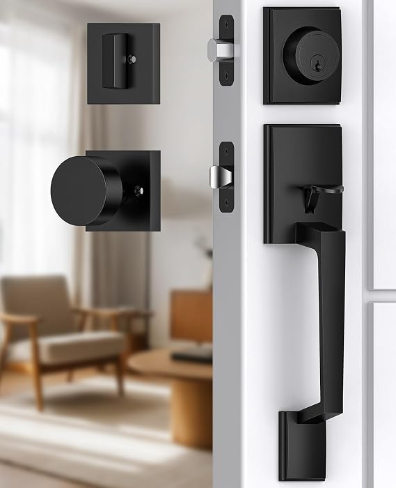 Black Front Door Handle and Deadbolt Set with Modern Exterior Knob