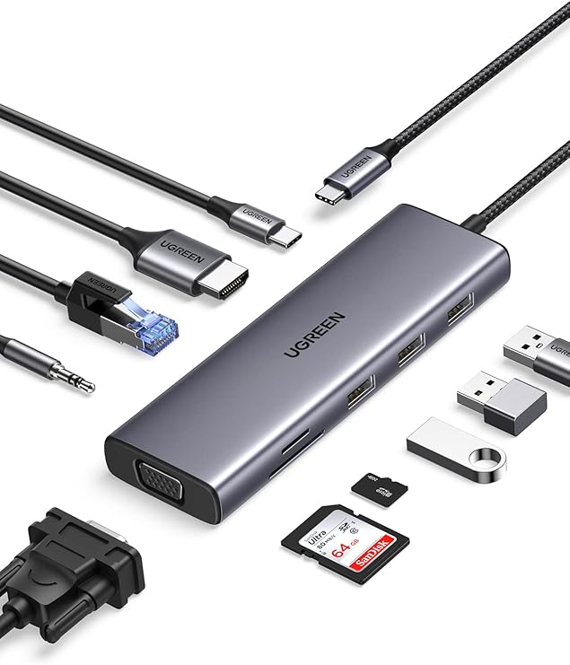 UGREEN USB C Docking Station 10 IN 1 4K HDMI, VGA, 3 x USB A 3.0, PD 100W, Ethernet, 3.5mm Audio, with SD/TF